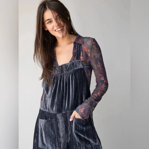 NWT Natural Life Medium Dakota Tie Velvet Overalls Jumper Charcoal Wide Leg Boho - Picture 2 of 11